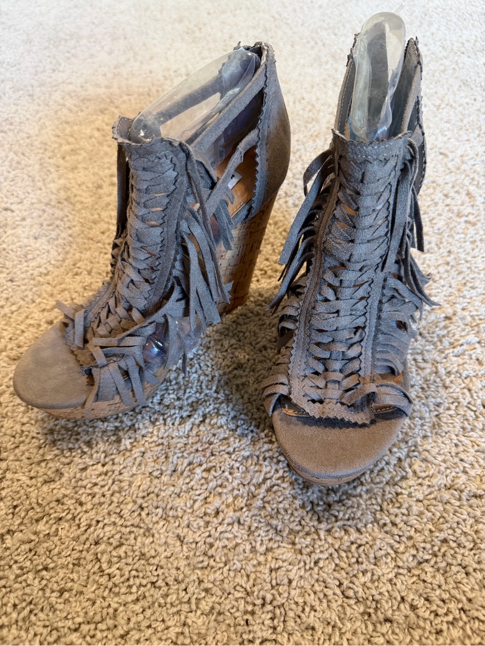 Not Rated Gray Woven Fringe Peep-Toe Wedge Sandals